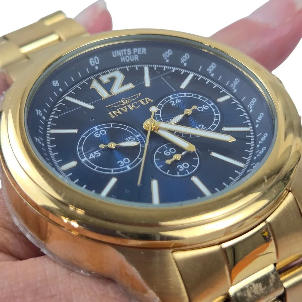 Invicta Aviator Men's Chronograph Watch 100m WR Gold w Blue Dial 28896 VIDEO